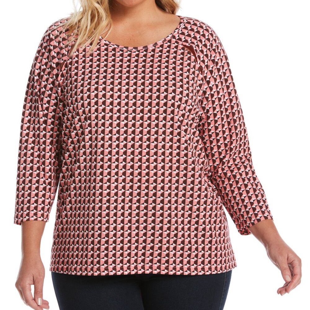 Rafaella Women's Plus Size Geometric Print Raglan Sleeve Top in Flamingo Pink Bl